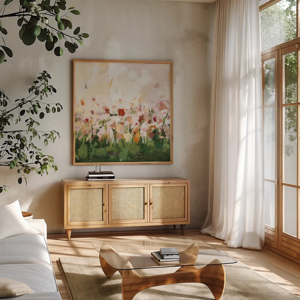 Spontaneous Summer III by Pamela Munger. Shown in a natural wood frame in a cozy modern living room. Available as an archival giclee rolled canvas, fine art paper, or poster print. SKU 70228a.