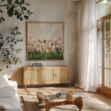 Spontaneous Summer III by Pamela Munger. Shown in a natural wood frame in a cozy modern living room. Available as an archival giclee rolled canvas, fine art paper, or poster print. SKU 70228a.