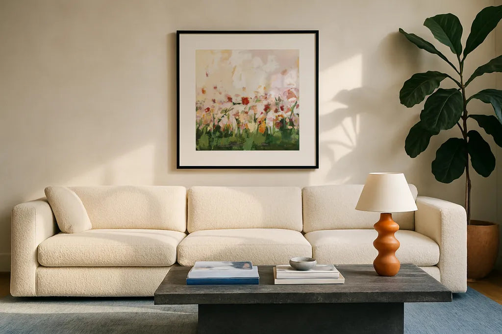 Spontaneous Summer III by Pamela Munger. Displayed in a glass frame with matte in a clean modern living room. Available as an archival giclee rolled canvas, fine art paper, or poster print. SKU 70228a.