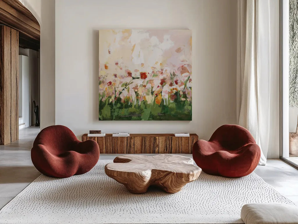 Spontaneous Summer III by Pamela Munger. Shown as extra-large giant wall art in a modern living room. Available as an archival giclee rolled canvas, fine art paper, or poster print. SKU 70228a.