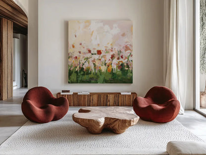 Spontaneous Summer III by Pamela Munger. Shown as extra-large giant wall art in a modern living room. Available as an archival giclee rolled canvas, fine art paper, or poster print. SKU 70228a.