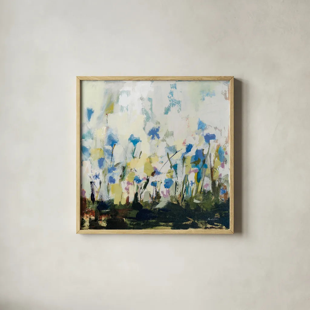 Spontaneous Summer IV by Pamela Munger. Shown in a natural wood glass frame for a timeless modern aesthetic. Available as an archival giclee rolled canvas, fine art paper, or poster print. SKU 70229a.