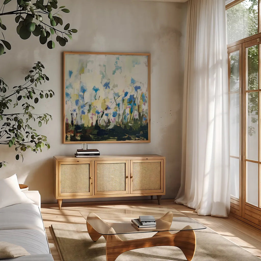 Spontaneous Summer IV by Pamela Munger. Shown in a natural wood frame in a cozy modern living room. Available as an archival giclee rolled canvas, fine art paper, or poster print. SKU 70229a.
