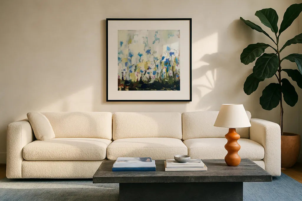 Spontaneous Summer IV by Pamela Munger. Displayed in a glass frame with matte in a clean modern living room. Available as an archival giclee rolled canvas, fine art paper, or poster print. SKU 70229a.