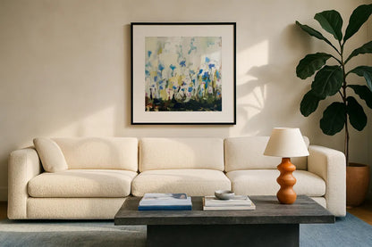 Spontaneous Summer IV by Pamela Munger. Displayed in a glass frame with matte in a clean modern living room. Available as an archival giclee rolled canvas, fine art paper, or poster print. SKU 70229a.