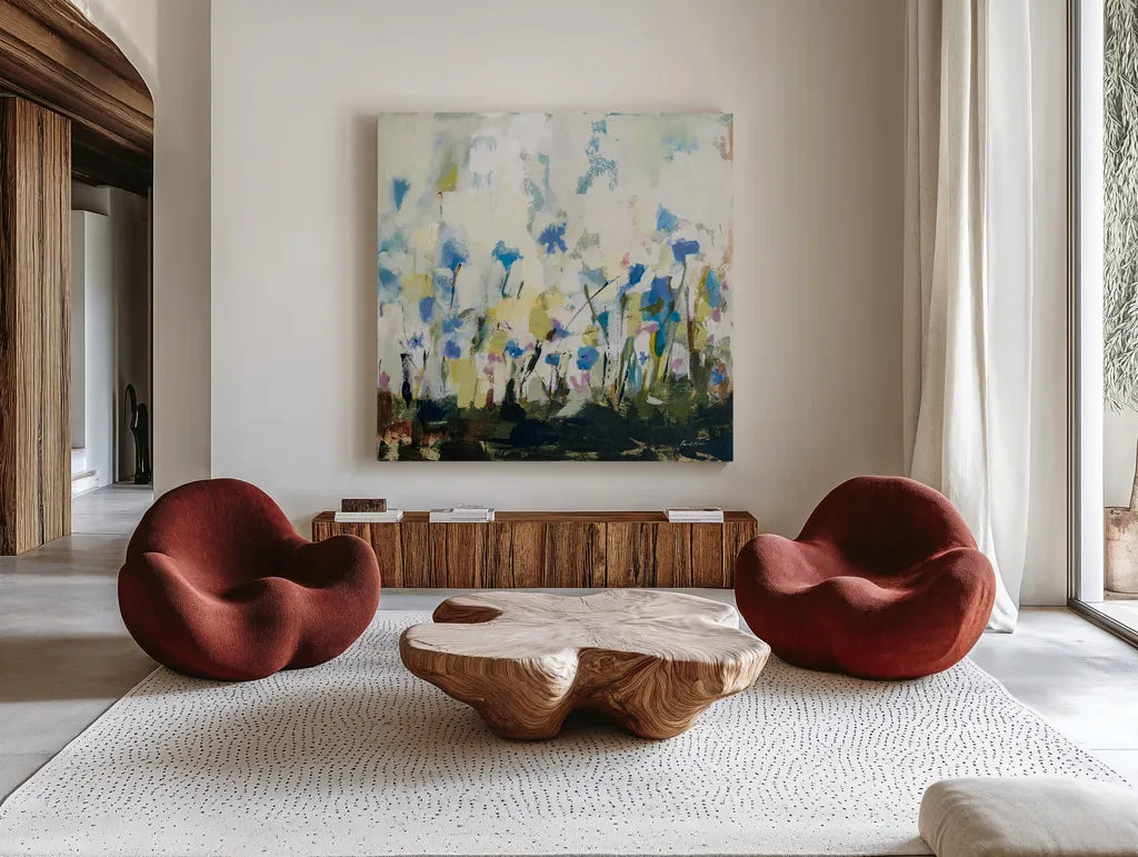 Spontaneous Summer IV by Pamela Munger. Shown as extra-large giant wall art in a modern living room. Available as an archival giclee rolled canvas, fine art paper, or poster print. SKU 70229a.