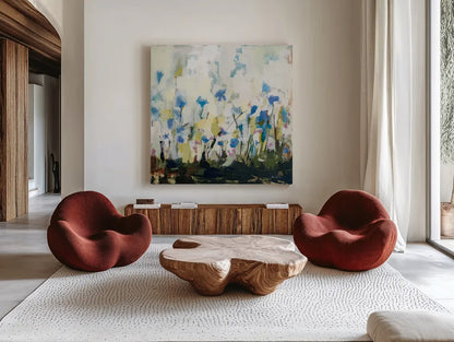 Spontaneous Summer IV by Pamela Munger. Shown as extra-large giant wall art in a modern living room. Available as an archival giclee rolled canvas, fine art paper, or poster print. SKU 70229a.