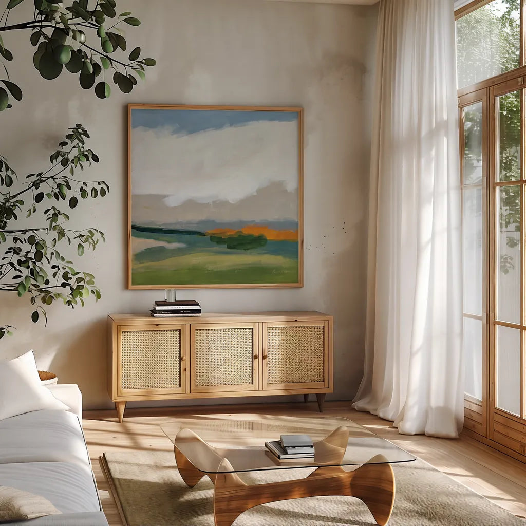 Spring Breeze by Pamela Munger. Shown in a natural wood frame in a cozy modern living room. Available as an archival giclee rolled canvas, fine art paper, or poster print. SKU 79978a.