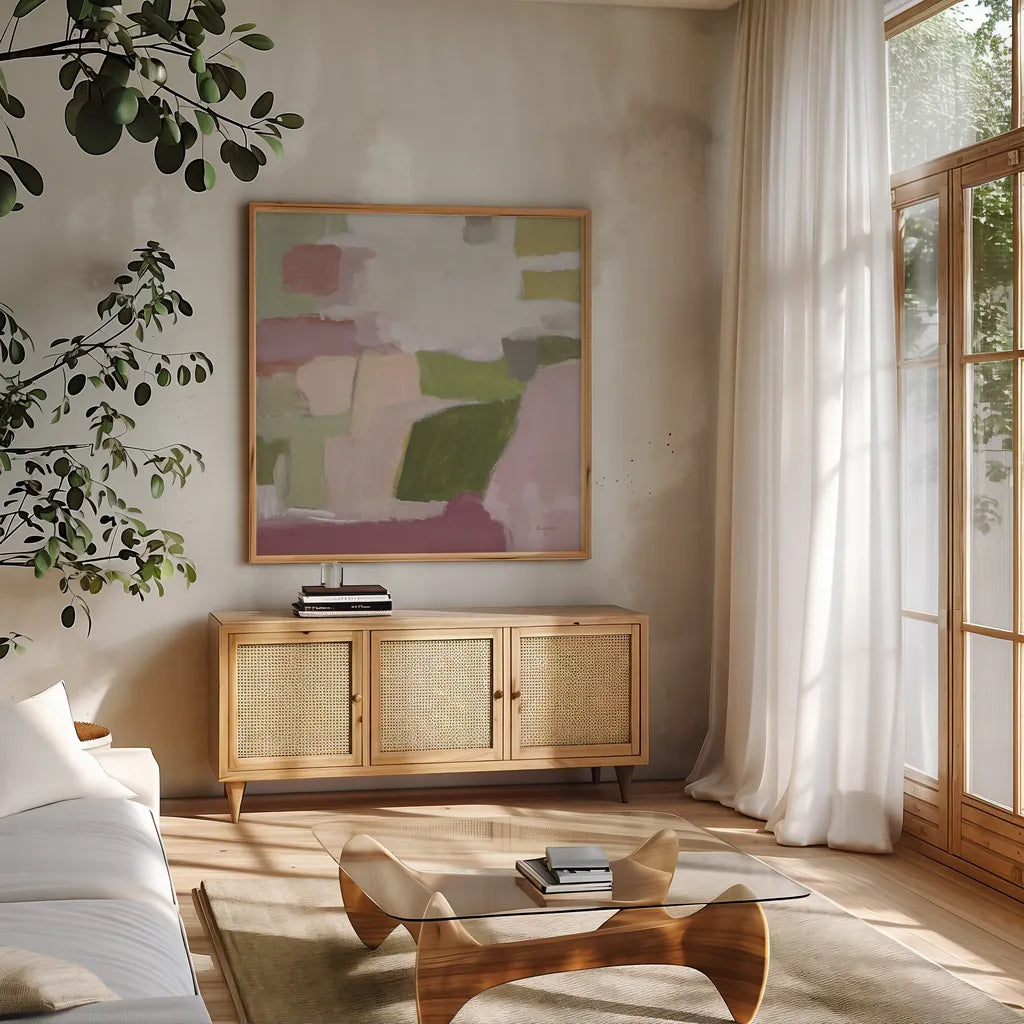 Spring Garden by Pamela Munger. Shown in a natural wood frame in a cozy modern living room. Available as an archival giclee rolled canvas, fine art paper, or poster print. SKU 98653a.