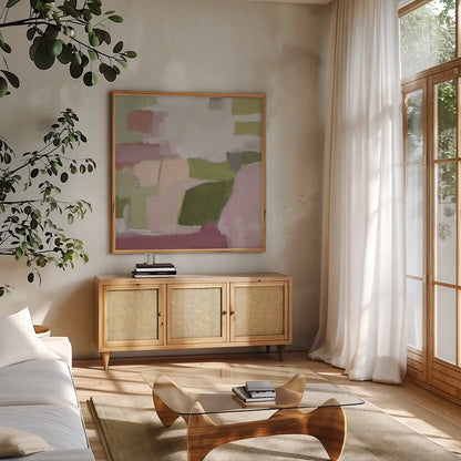 Spring Garden by Pamela Munger. Shown in a natural wood frame in a cozy modern living room. Available as an archival giclee rolled canvas, fine art paper, or poster print. SKU 98653a.