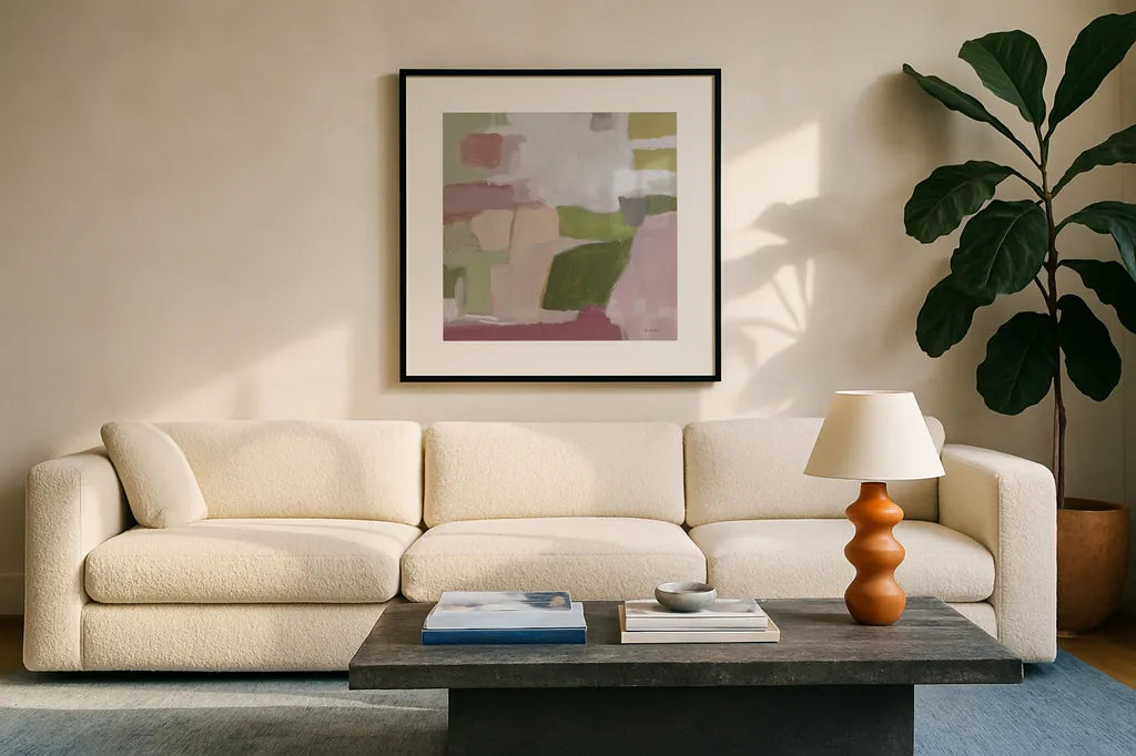 Spring Garden by Pamela Munger. Displayed in a glass frame with matte in a clean modern living room. Available as an archival giclee rolled canvas, fine art paper, or poster print. SKU 98653a.