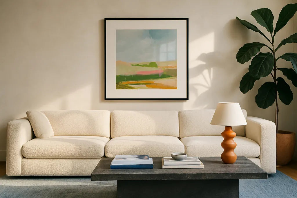 Spring Green by Pamela Munger. Displayed in a glass frame with matte in a clean modern living room. Available as an archival giclee rolled canvas, fine art paper, or poster print. SKU 74474a.