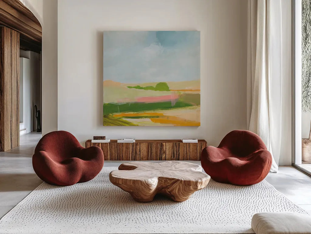 Spring Green by Pamela Munger. Shown as extra-large giant wall art in a modern living room. Available as an archival giclee rolled canvas, fine art paper, or poster print. SKU 74474a.