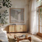 Spring Green Abstract Cool Neutral Crop by Pamela Munger. Shown in a natural wood frame in a cozy modern living room. Available as an archival giclee rolled canvas, fine art paper, or poster print. SKU 95205a.