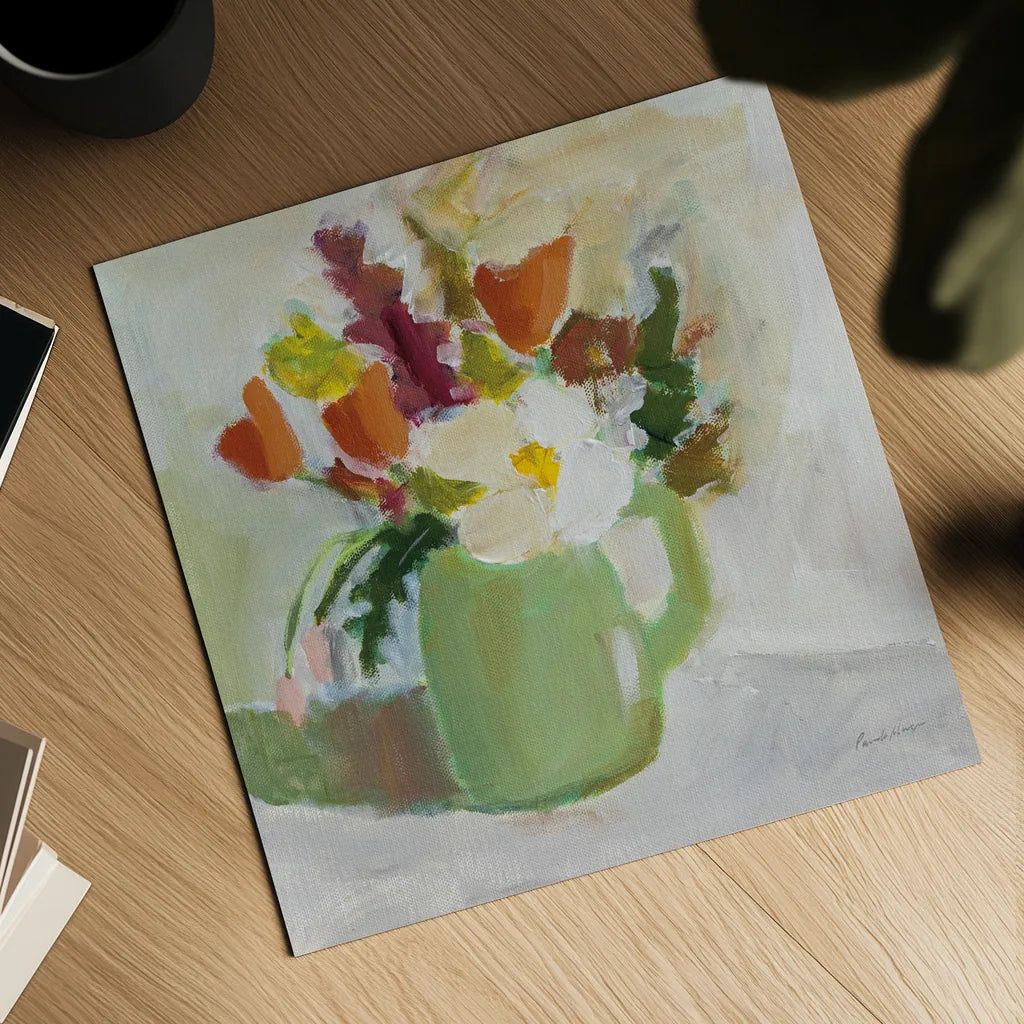 Spring in a Green Pitcher by Pamela Munger. Shown as a detailed flat fine art print, highlighting archival giclee quality. Available as an archival giclee rolled canvas, fine art paper, or poster print. SKU 77775a.
