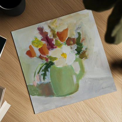 Spring in a Green Pitcher by Pamela Munger. Shown as a detailed flat fine art print, highlighting archival giclee quality. Available as an archival giclee rolled canvas, fine art paper, or poster print. SKU 77775a.