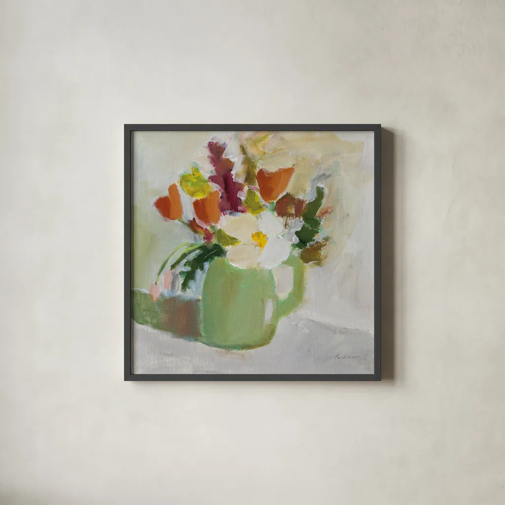 Spring in a Green Pitcher by Pamela Munger. Shown in a sleek black glass frame for a contemporary gallery look. Available as an archival giclee rolled canvas, fine art paper, or poster print. SKU 77775a.