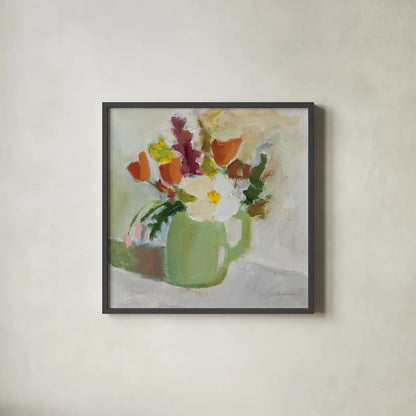Spring in a Green Pitcher by Pamela Munger. Shown in a sleek black glass frame for a contemporary gallery look. Available as an archival giclee rolled canvas, fine art paper, or poster print. SKU 77775a.