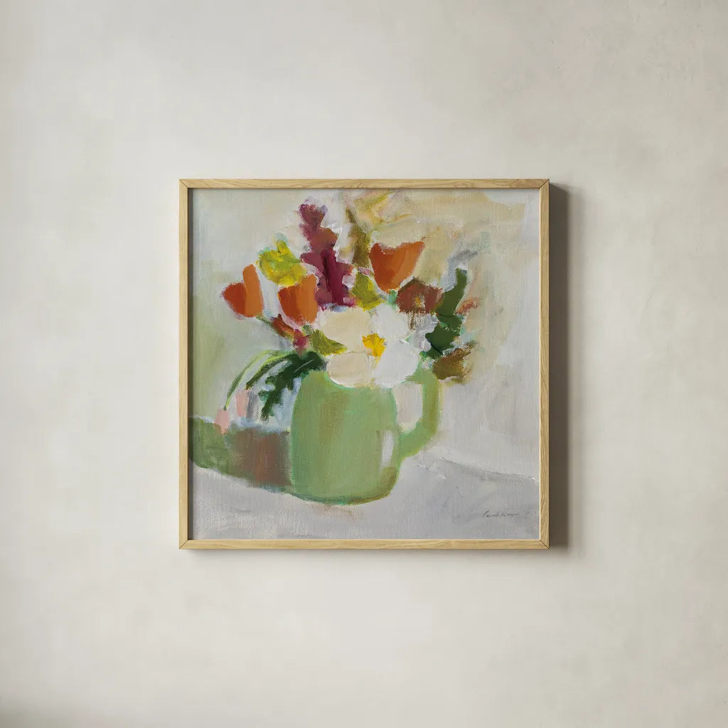 Spring in a Green Pitcher by Pamela Munger. Shown in a natural wood glass frame for a timeless modern aesthetic. Available as an archival giclee rolled canvas, fine art paper, or poster print. SKU 77775a.