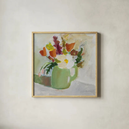 Spring in a Green Pitcher by Pamela Munger. Shown in a natural wood glass frame for a timeless modern aesthetic. Available as an archival giclee rolled canvas, fine art paper, or poster print. SKU 77775a.