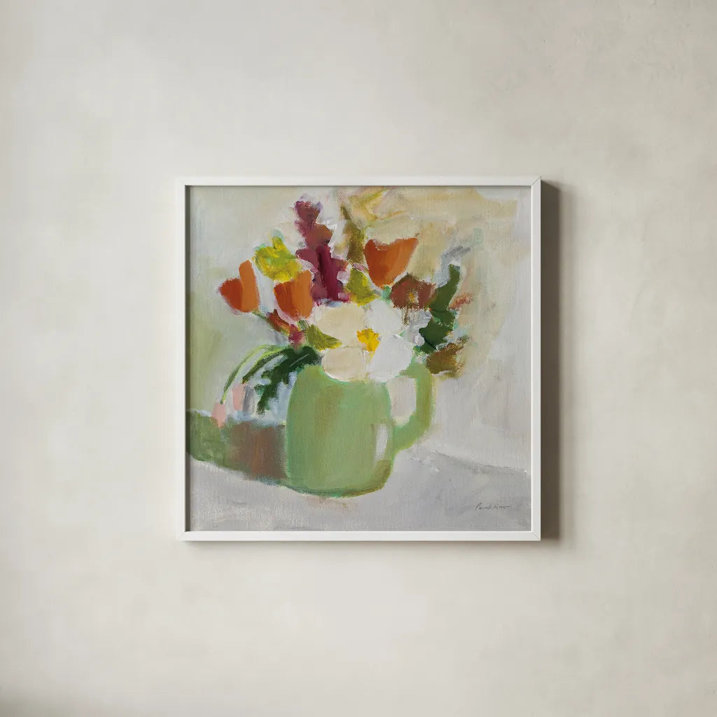 Spring in a Green Pitcher by Pamela Munger. Shown in a crisp white glass frame for a clean and minimalist style. Available as an archival giclee rolled canvas, fine art paper, or poster print. SKU 77775a.