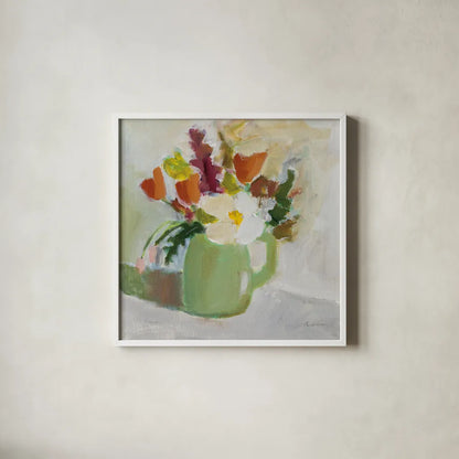 Spring in a Green Pitcher by Pamela Munger. Shown in a crisp white glass frame for a clean and minimalist style. Available as an archival giclee rolled canvas, fine art paper, or poster print. SKU 77775a.