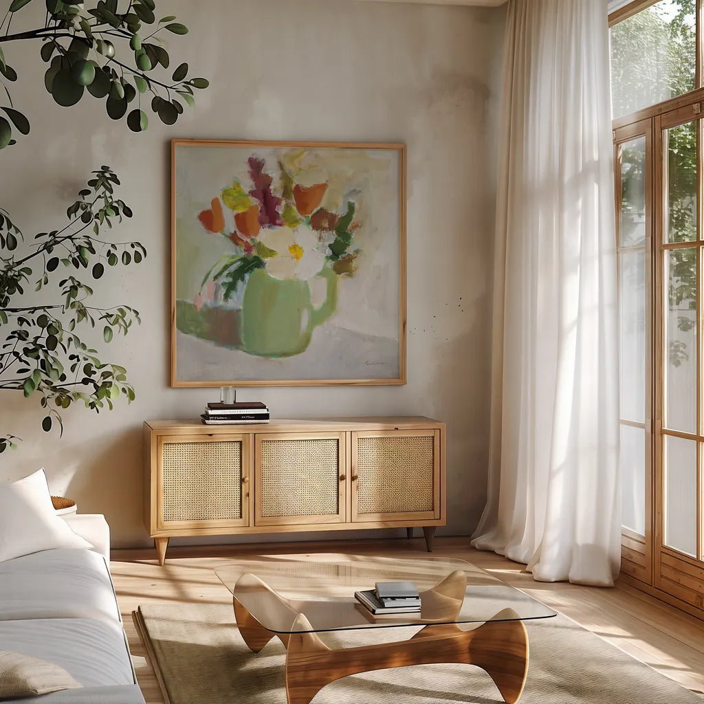 Spring in a Green Pitcher by Pamela Munger. Shown in a natural wood frame in a cozy modern living room. Available as an archival giclee rolled canvas, fine art paper, or poster print. SKU 77775a.