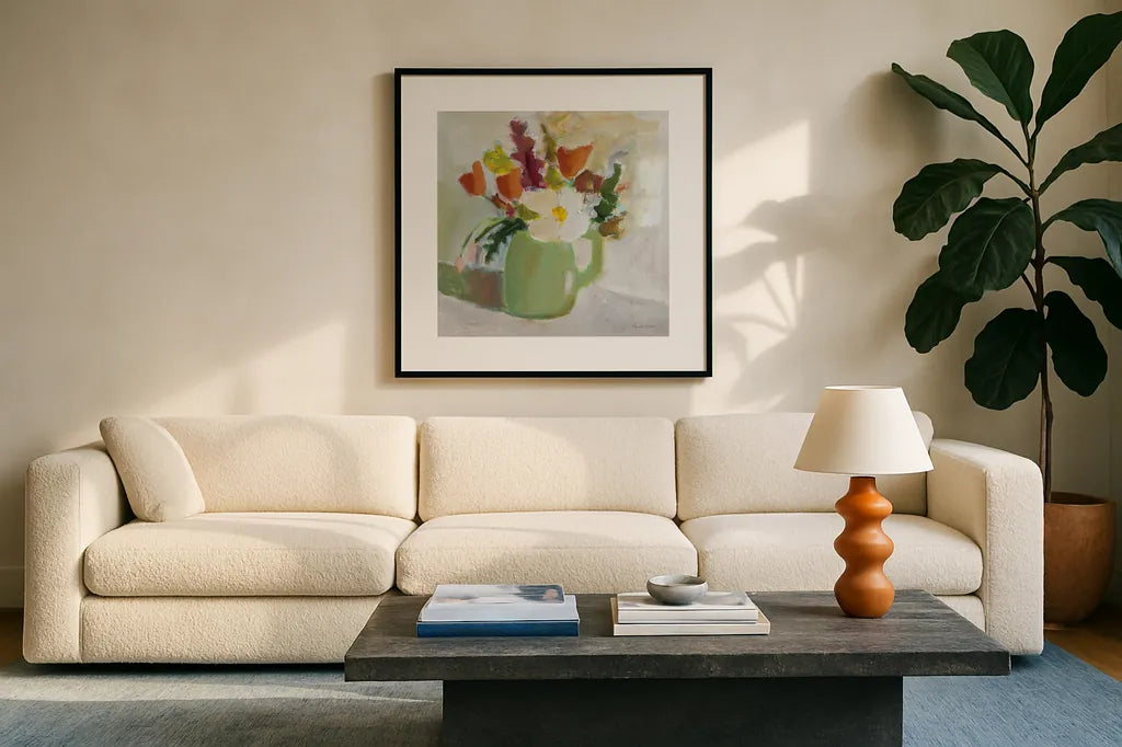 Spring in a Green Pitcher by Pamela Munger. Displayed in a glass frame with matte in a clean modern living room. Available as an archival giclee rolled canvas, fine art paper, or poster print. SKU 77775a.