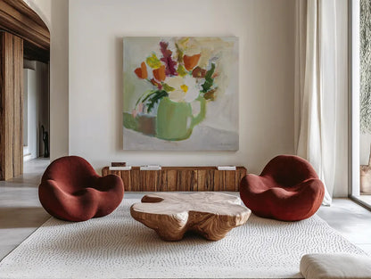 Spring in a Green Pitcher by Pamela Munger. Shown as extra-large giant wall art in a modern living room. Available as an archival giclee rolled canvas, fine art paper, or poster print. SKU 77775a.
