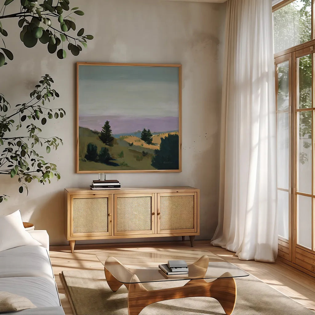 Spruces by Pamela Munger. Shown in a natural wood frame in a cozy modern living room. Available as an archival giclee rolled canvas, fine art paper, or poster print. SKU 73260a.