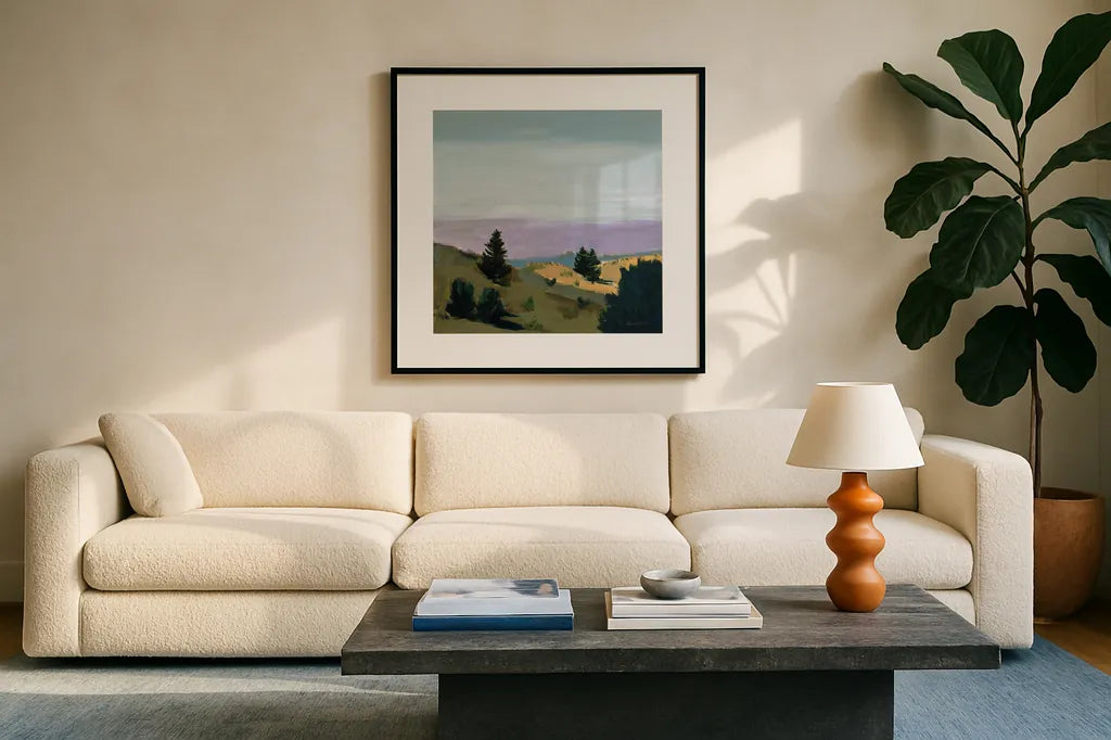 Spruces by Pamela Munger. Displayed in a glass frame with matte in a clean modern living room. Available as an archival giclee rolled canvas, fine art paper, or poster print. SKU 73260a.