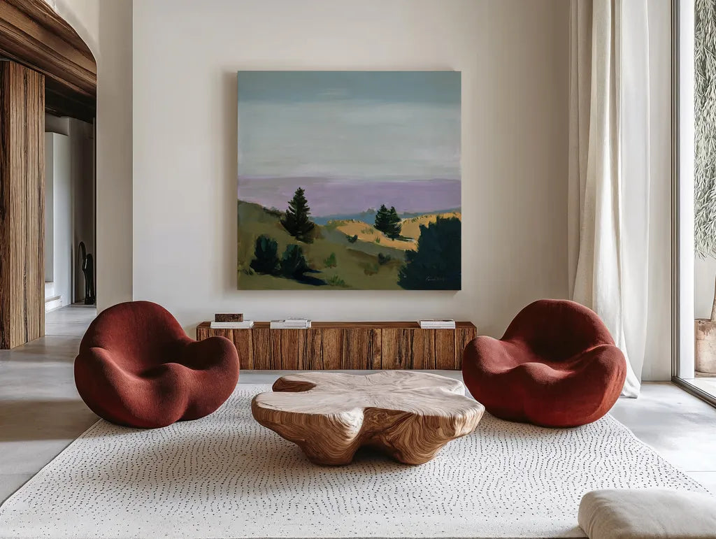 Spruces by Pamela Munger. Shown as extra-large giant wall art in a modern living room. Available as an archival giclee rolled canvas, fine art paper, or poster print. SKU 73260a.