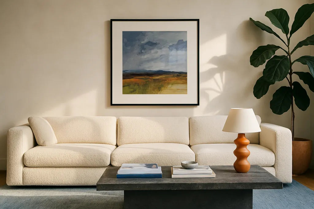 Storm Over Buckhorn by Pamela Munger. Displayed in a glass frame with matte in a clean modern living room. Available as an archival giclee rolled canvas, fine art paper, or poster print. SKU 87348a.