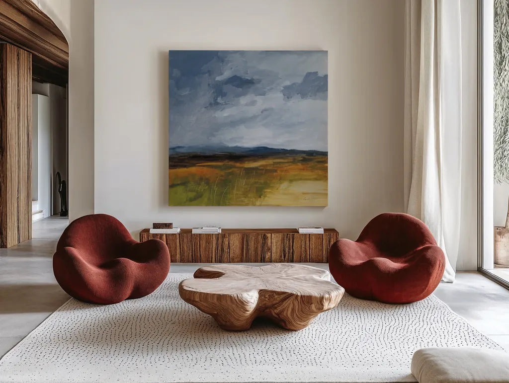 Storm Over Buckhorn by Pamela Munger. Shown as extra-large giant wall art in a modern living room. Available as an archival giclee rolled canvas, fine art paper, or poster print. SKU 87348a.
