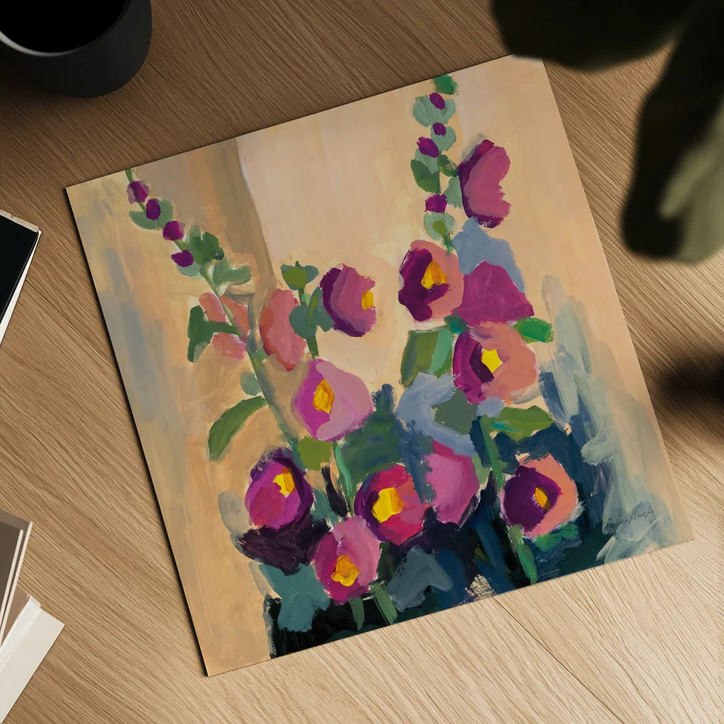 Summer Hollyhocks by Pamela Munger. Shown as a detailed flat fine art print, highlighting archival giclee quality. Available as an archival giclee rolled canvas, fine art paper, or poster print. SKU 81182a.