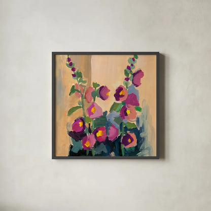 Summer Hollyhocks by Pamela Munger. Shown in a sleek black glass frame for a contemporary gallery look. Available as an archival giclee rolled canvas, fine art paper, or poster print. SKU 81182a.