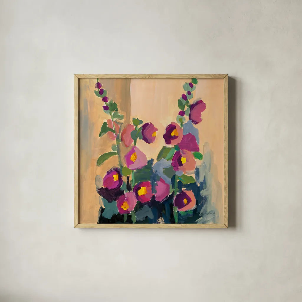 Summer Hollyhocks by Pamela Munger. Shown in a natural wood glass frame for a timeless modern aesthetic. Available as an archival giclee rolled canvas, fine art paper, or poster print. SKU 81182a.