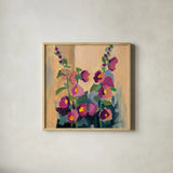 Summer Hollyhocks by Pamela Munger. Shown in a natural wood glass frame for a timeless modern aesthetic. Available as an archival giclee rolled canvas, fine art paper, or poster print. SKU 81182a.