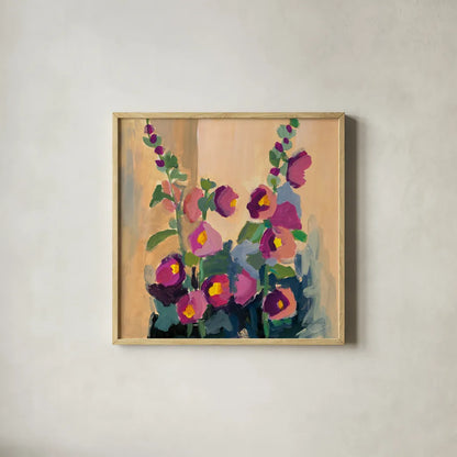 Summer Hollyhocks by Pamela Munger. Shown in a natural wood glass frame for a timeless modern aesthetic. Available as an archival giclee rolled canvas, fine art paper, or poster print. SKU 81182a.