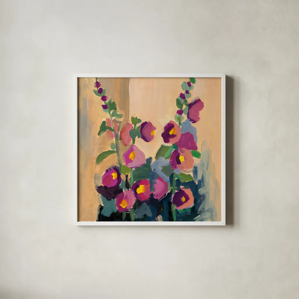 Summer Hollyhocks by Pamela Munger. Shown in a crisp white glass frame for a clean and minimalist style. Available as an archival giclee rolled canvas, fine art paper, or poster print. SKU 81182a.