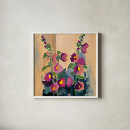 Summer Hollyhocks by Pamela Munger. Shown in a crisp white glass frame for a clean and minimalist style. Available as an archival giclee rolled canvas, fine art paper, or poster print. SKU 81182a.