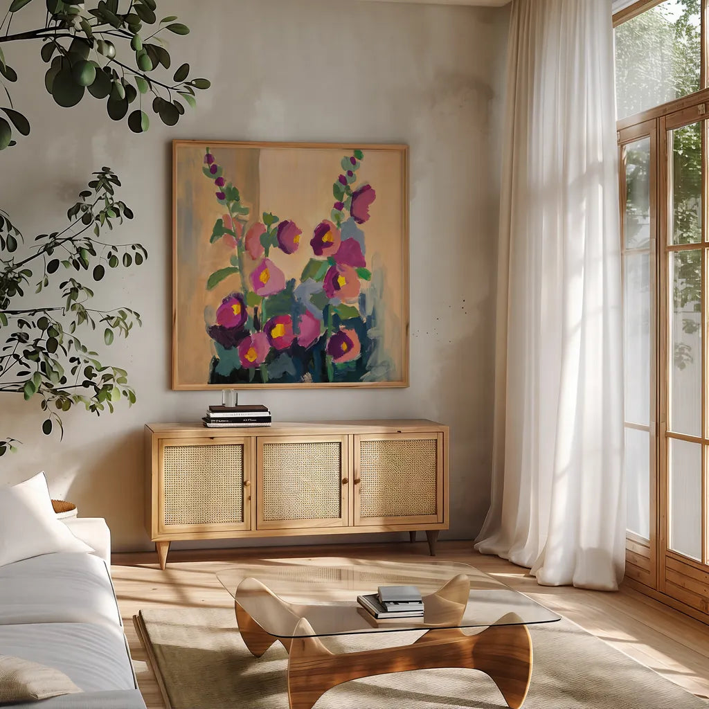 Summer Hollyhocks by Pamela Munger. Shown in a natural wood frame in a cozy modern living room. Available as an archival giclee rolled canvas, fine art paper, or poster print. SKU 81182a.