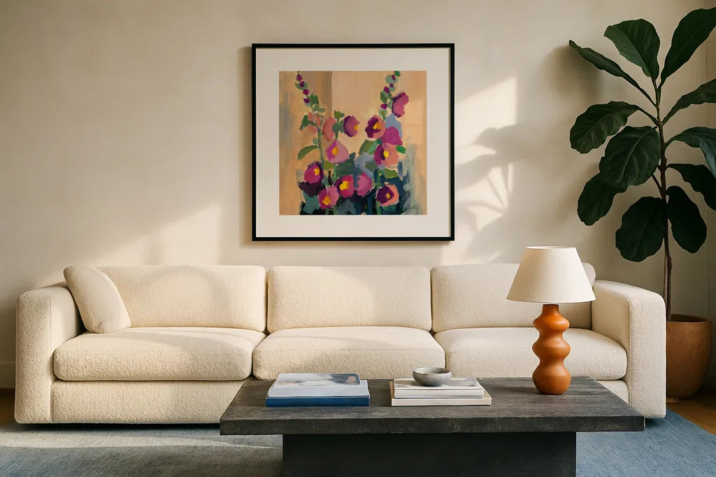 Summer Hollyhocks by Pamela Munger. Displayed in a glass frame with matte in a clean modern living room. Available as an archival giclee rolled canvas, fine art paper, or poster print. SKU 81182a.