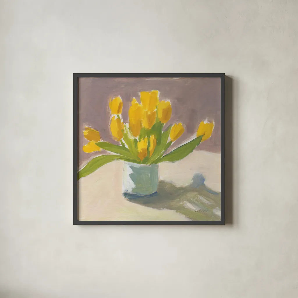 Sunny Tulips by Pamela Munger. Shown in a sleek black glass frame for a contemporary gallery look. Available as an archival giclee rolled canvas, fine art paper, or poster print. SKU 78739a.
