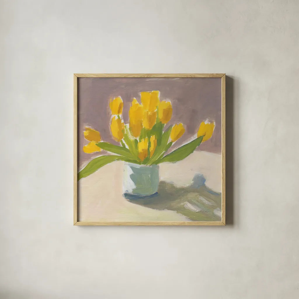 Sunny Tulips by Pamela Munger. Shown in a natural wood glass frame for a timeless modern aesthetic. Available as an archival giclee rolled canvas, fine art paper, or poster print. SKU 78739a.