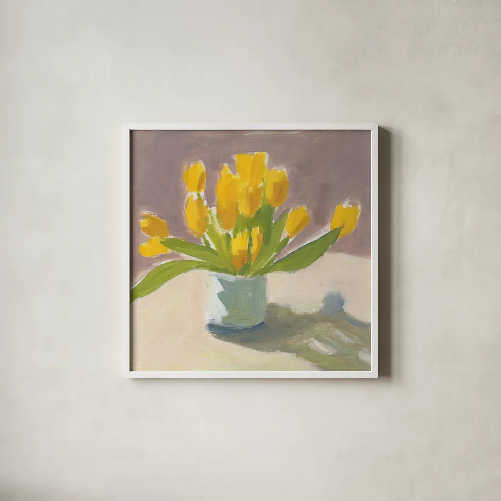 Sunny Tulips by Pamela Munger. Shown in a crisp white glass frame for a clean and minimalist style. Available as an archival giclee rolled canvas, fine art paper, or poster print. SKU 78739a.