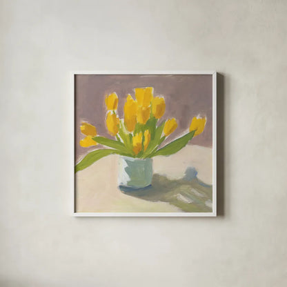 Sunny Tulips by Pamela Munger. Shown in a crisp white glass frame for a clean and minimalist style. Available as an archival giclee rolled canvas, fine art paper, or poster print. SKU 78739a.