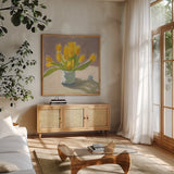Sunny Tulips by Pamela Munger. Shown in a natural wood frame in a cozy modern living room. Available as an archival giclee rolled canvas, fine art paper, or poster print. SKU 78739a.