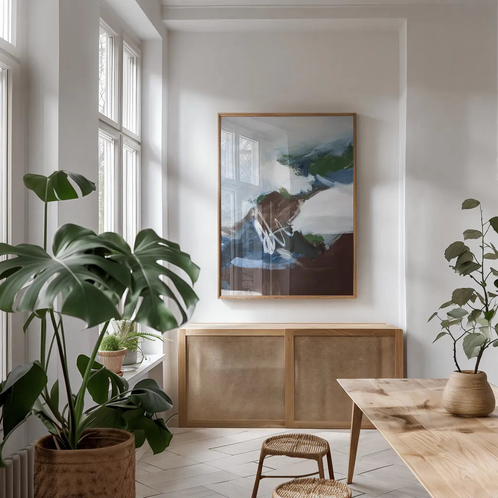 Surfacing Dark Crop by Pamela Munger. shown as a print in a natural wood frame in a dining room. Available as a archival giclee rolled canvas, fine art paper, or poster print. SKU 81732h.