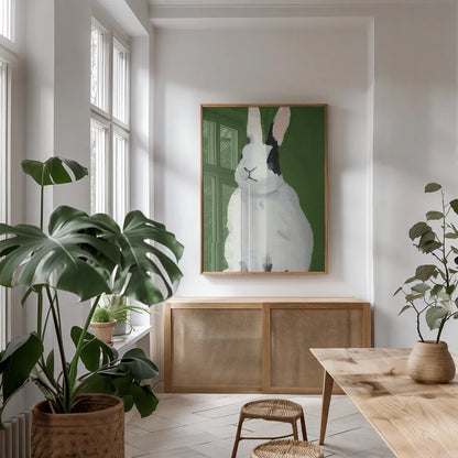 Sweet Bunny by Pamela Munger. shown as a print in a natural wood frame in a dining room. Available as a archival giclee rolled canvas, fine art paper, or poster print. SKU 79319h.